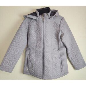 Giacca Women's Quilted Beige Tan Jacket Coat  L Large Long‎ Line Removable Hood